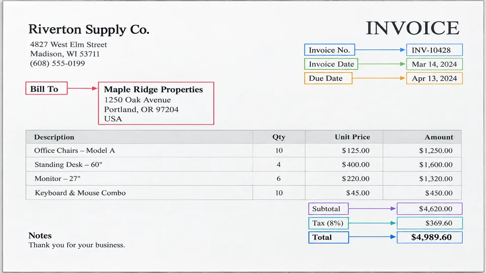 Invoice keys linked to corresponding value regions