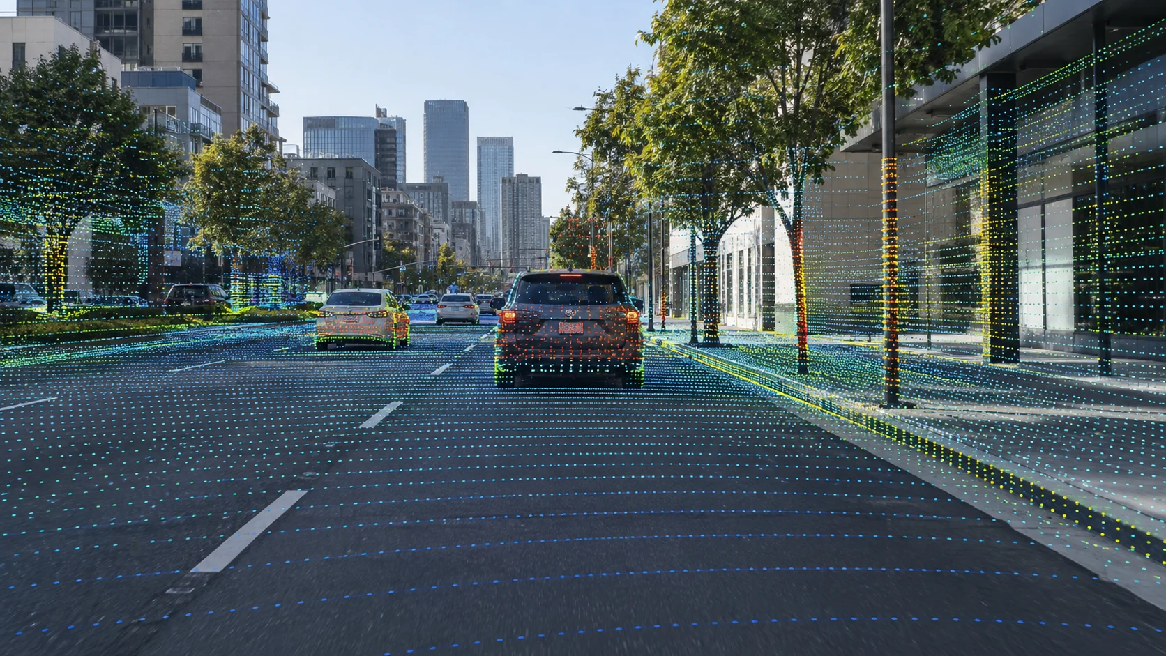 LiDAR points precisely projected onto a synchronized RGB road frame