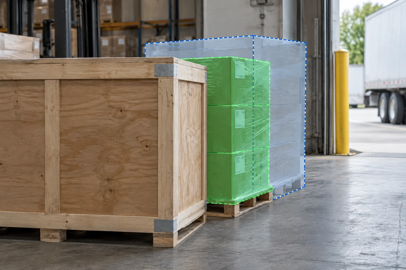 Occluded warehouse object with visible and inferred full-extent masks