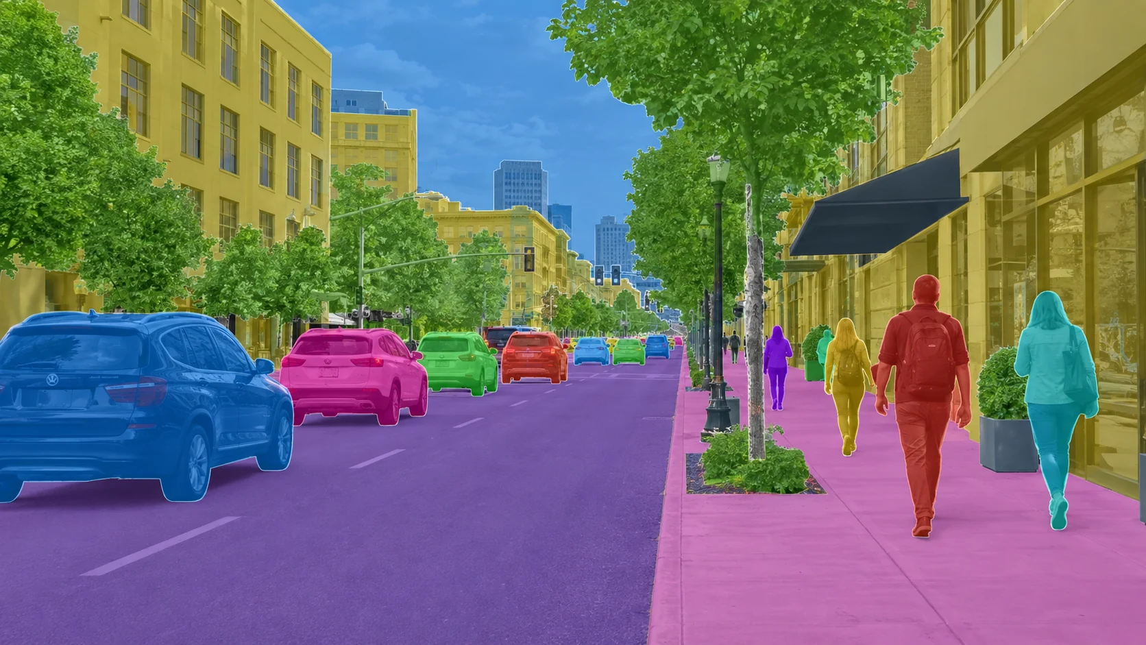 Urban street with combined semantic regions and individual object masks