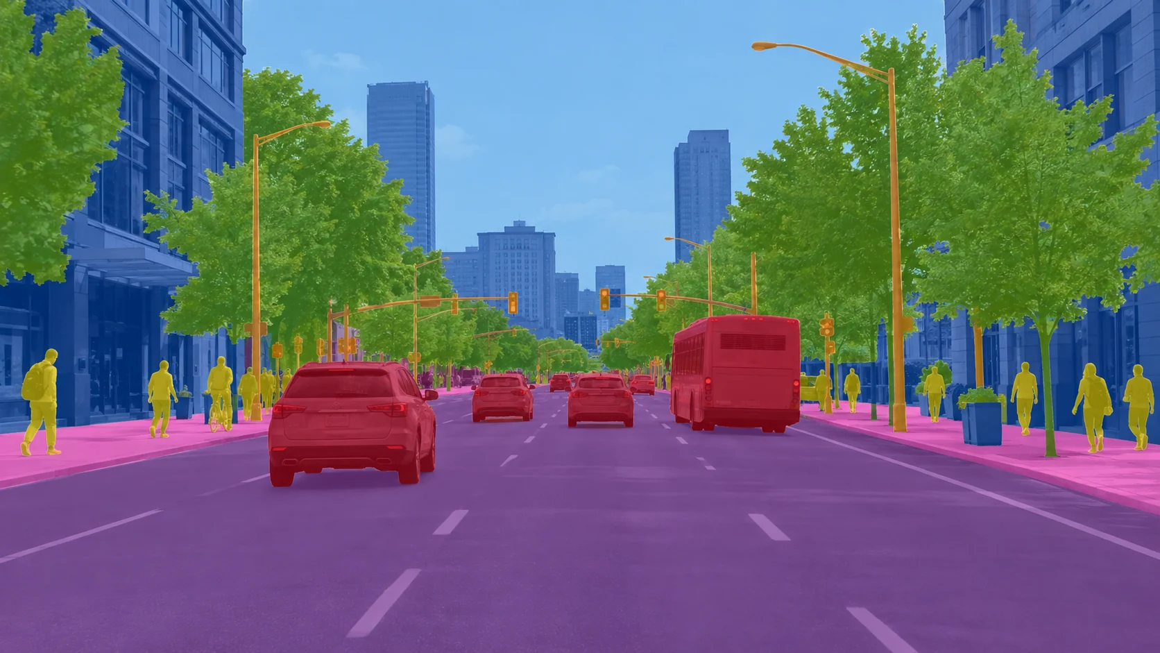 Urban road scene with full-scene semantic segmentation masks
