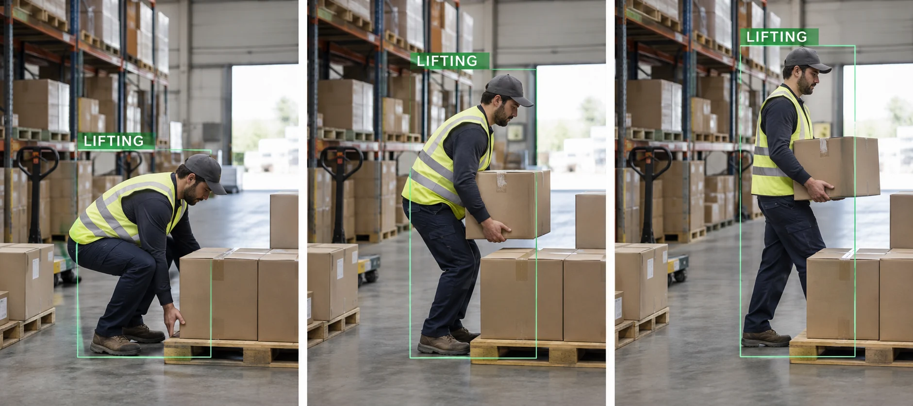 Worker lifting a carton inside a persistent actor-action tubelet across frames