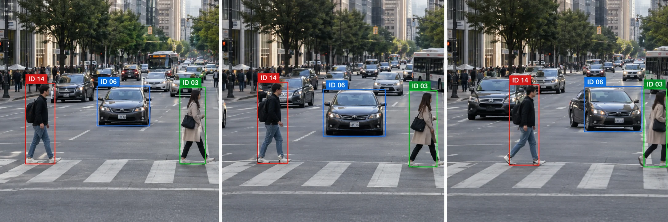 Three-frame multi-object tracking sequence with persistent pedestrian and vehicle IDs