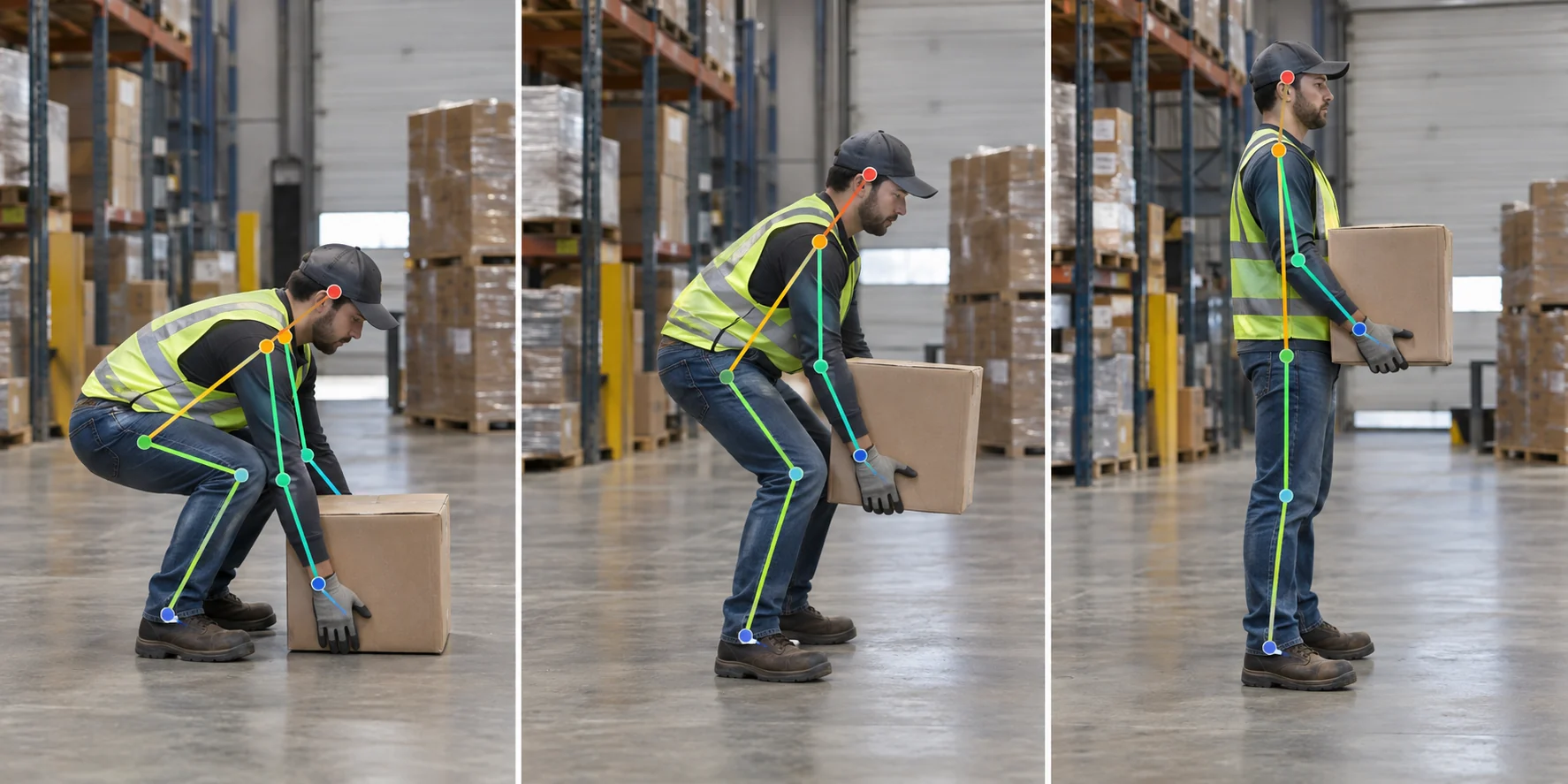 Warehouse lifting movement tracked with anatomical keypoints across frames